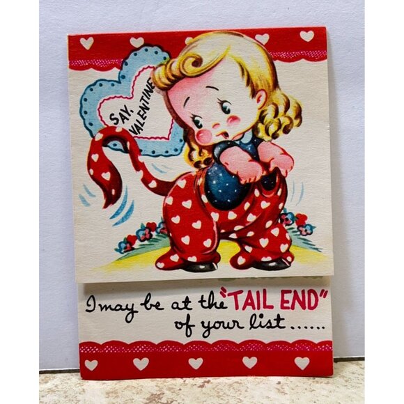 Valentines Day Vintage Greeting Card Red Hearts Cow Costume 1940s Blonde Girl - Picture 7 of 7